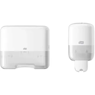 Tork Mini Spender für Zickzack und Lagenfalz Papierhandtücher 553100 & Seifenspender Wandmontage für Seife und Hautpflegeprodukte Weiß S2, Easy to use-Zertifiziert, Elevation Design, 561000
