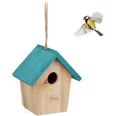 Relaxdays Deko Vogelhaus, Holz, Vogelhäuschen zum Aufhängen, HBT: 16 x 15 x 11 cm, Vogelvilla Garten, Balkon, Natur/blau