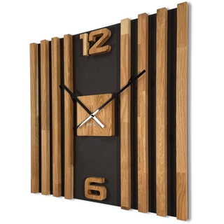 FLEXISTYLE Wanduhr groß aus Holz Lamellen SQ 60cm Holzoptik schwarz 3D Eiche modern ohne Ticken Wohnzimmer ... (Schwarz/Eiche)