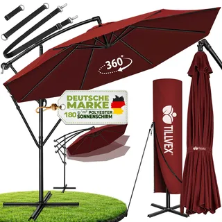 tillvex Sonnenschirm Rot Ø 350 cm Ampelschirm Gartenschirm Marktschirm Kurbel Balkon Alu Neigbar - Rot