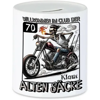 Kiddle-Design Spardose zum 70. Geburtstag Personalisiert, Club der Alten Säcke 70, 70ter Geburtstag Lustiges Biker Motorrad Geschenk, Sparbüchse Sparschwein