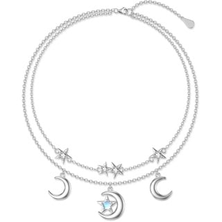 YAFEINI Stern Mond Fußkettchen für Frauen 925 Silber Mehrschichtiger Strand Fußkette Armband Verstellbares Mondstein Fußkettchen für Damen und Mädchen(D)