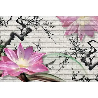 Fototapete PAPERMOON "LOTUSBLUME-STEINWAND GRAFFITI BLUMEN 3D DESIGN BLUME", bunt, B:2,5m L:1,86m, Vlies, Tapeten, Fototapete