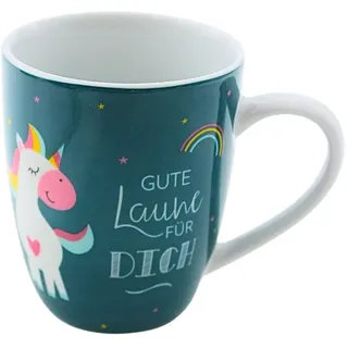 Kaffeebecher/Tasse aus Porzellan, Motiv: Einhorn, Gute Laune für dich Größe H/Ø: 10 x 8 cm, Fassungsvermögen 250 ml, Spülmaschinengeeignet.