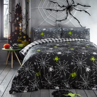 Bedlam - Halloween Spinnen Bettwäsche - Einzelbett (140 x 200cm) - Wende-Design (2 Motive) - Schwarz Karo - Leuchtet im Dunkeln - Spinnweben Bettwäsche in Grau - Perfekt für Halloween Dekoration