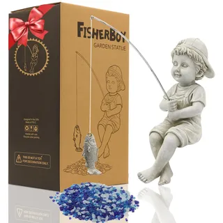 Yeomoo Angeln Little Boy Deko Gartenfiguren für Draußen, Lustig Kinder Fischer Figur Gartendeko für Wohnzimmer Teich Balkon Geschenke für Männer Frauen Mama Geburtstag Wasserdicht Feengarten Grau 28CM
