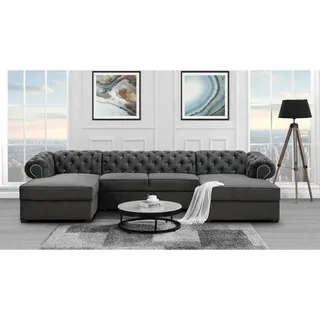 U-Form Ecksofa mit Schlaffunktion und Bettkasten Chester U-Shape Sofa im Chesterfield Stil, Stoff: kronos 22 - grau, Knöpfe: Zirkonia - Grau