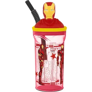 Tataway Marvel Avengers Iron Man 360 ml roter Plastikbecher für Kinder mit Strohhalm und 3D-Figur der Figur