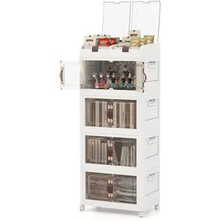 COSTWAY Zusammenklappbare Aufbewahrungsbehälter mit Deckel, 4er-Pack stapelbare Kunststoffboxen mit Rädern, klappbarer Rollschrank mit nach vorne öffnenden magnetischen Türen & 210 L Kapazität, Weiß - Weiß