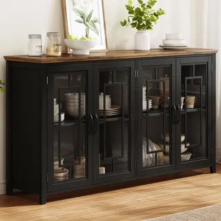Flieks 160cm breites Küchen-Sideboard mit Glastüren, geräumigen Staufach und Kippsicherung, Beistellschrank 160x40x86cm, Mehrzweckschrank, Schwarz - Schwarz
