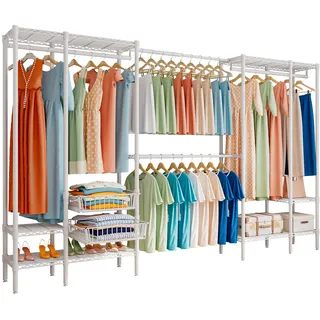 FTEYUET Schwerlast Kleiderständer Kleiderstange, Metall Kleiderschrank, Garderobenständer Erweiterbare Offener Kleiderschrank Kleiderbügel mit 2 Schiebe Korbs, (249-297) x 40 x 192 cm (Weiß)