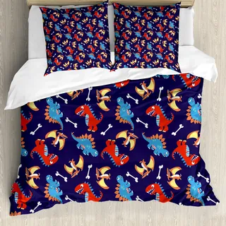 ABAKUHAUS Dinosaurier Bettbezug, Dino Lustige Expressions, Milbensicher Allergiker geeignet mit Kissenbezügen, 200 cm x 200 cm - 80 x 80 cm, Marine-Blau-Orange Rot