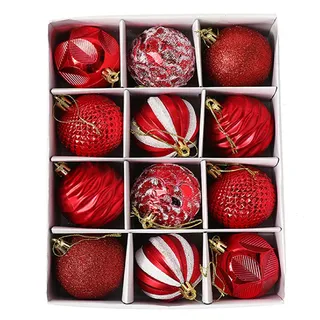12er Set edle Weihnachtskugeln Ø 6cm Weihnachtsbaum Kugeln Christbaumkugeln Weihnachts-Deko Christbaum-Schmuck (Rot)