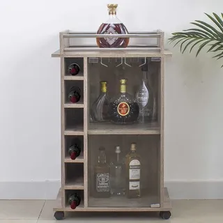BAKAJI Eckschrank, Bar, Weinregal, Weinregal, Spirituosen, Holz, 6 Sitzer, Flaschenhalter mit Regal, Gläser aus Metall (Taupe)