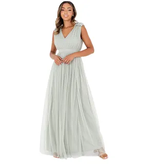 Maya Deluxe Damen Ärmelloses Abendkleid Mit Gerafftem V-ausschnitt & Hoher Taille - Hochzeitsgast Kleid Tüllkleid Bridesmaid Dress, Green Lily, 48 EU