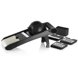 QULINART Multifunktions-Gemüsehobel, 3 Klingen – Julienne, Würfel, Schneiden, Reiben – Klingen: 304 Edelstahl, ABS/TPE, mit Griff – Verstellbar – Leicht zu reinigen – Schwarz/Grau