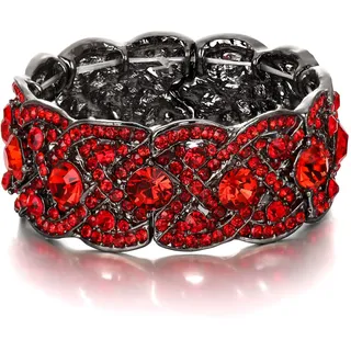EVER FAITH Damen Österreichische Kristall Hochzeit Floral Breite Stretch-Armband Rot Schwarz-Ton