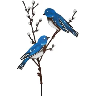 JYUECIAN Vogel Gartenstecker 58cm Hoch Metall Bemalte Vogel Gartendeko für Draußen, Blaue Vögel auf Zweigen Outdoor Gartenfiguren