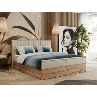 MKS Meble Boxspringbett, Zwei Bettkästen, Komplett-Set mit Matratze und Topper - Albero-4 - 120x200cm - Beige Velvet - H3 - Beige
