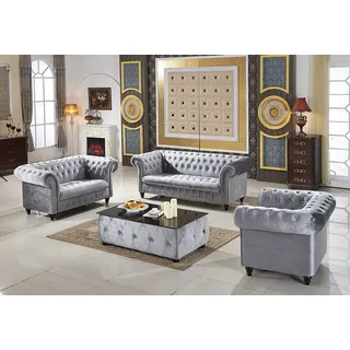 3+2+1 Sofagarnitur Samt Stoff Couchen Polster Garnitur Sofas Couch Designer Neu - Grau