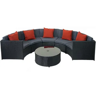 Mendler Poly-Rattan Garnitur rund HWC-E17, Garten-Set Sitzgruppe schwarz, Polster dunkelgrau, Kissen terracotta