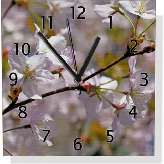 Wallario Design Wanduhr Kirschblüten in zartem Rosa - Frühling im Garten aus Aluverbund, Größe 30 x 30 cm - Gelb
