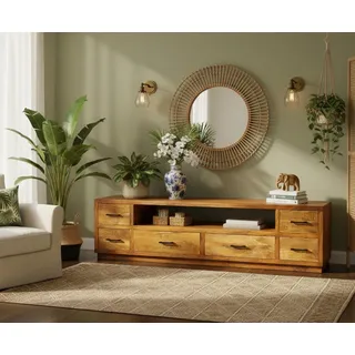 OPIUM OUTLET Lowboard Sideboard Schrank TV Kommode Regal offen Raumteiler Wohnzimmer Möbel Holz massiv B x T x H 200 x 45 x 50 cm - Kastanienbraun