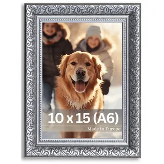 Victor Vintage Bilderrahmen „Rubens“ in 10x15 cm (A6) Schwarz Silber - Leiste: 30x20mm - Echtglas - Fotorahmen Barock - Antik - Bilderrahmen 10x15 Schwarz