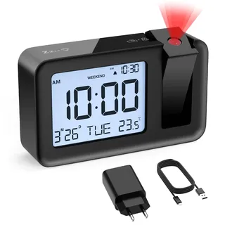 CHEREEKI Projektionswecker, Wecker mit Innentemperatur, 4 einstellbare Projektionshelligkeit, 9 Minuten Schlummerfunktion, Digitaler Wecker geeignet für Büro und Schlafzimmer