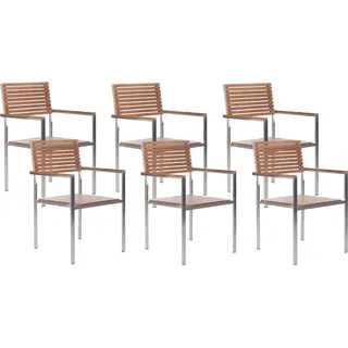BELIANI Gartenstuhl 6er Set Hellbraun es Teakholz und Edelstahl mit Armlehnen hohe Rückenlehne Modern Terrasse Outdoor Ausstattung Möbel - Braun, Silber