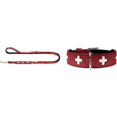 HUNTER Swiss Verstellbare Führleine für Hunde, Leder, hochwertig, Schweizer Kreuz, 1,8/200 cm, rot & Swiss Hundehalsband, Leder, hochwertig, Schweizer Kreuz, 60 (M-L), rot/schwarz