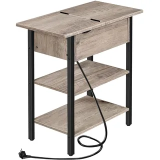 HOOBRO Beistelltisch, Flip-Top Sofatisch mit Ladestation und Ablagefläche, Schmaler Nachttisch für kleine Räume, Schlafzimmer, Wohnzimmer, Stabile, Greige-Schwarz EBG342BZ01