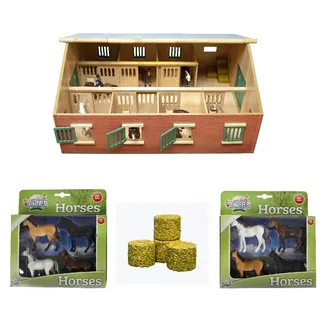 Kids Globe Farming Reiterhof Bauernhof Pferdestall Holz mit Zubehör 1:32 mit 7 Boxen, Spielzeug Pferdehof, mit praktischem Faltdach, für alle gängigen Tierfiguren