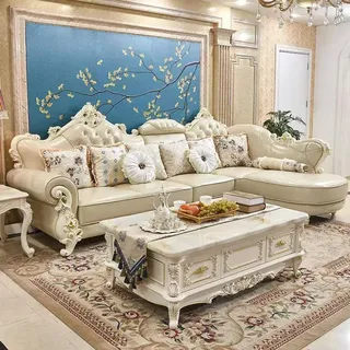 aea Wohnlandschaft Ecksofa L Form Couch Möbel Leder Holz Sofa Chesterfield - Beige