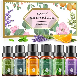 ESSNAT Klassisch Ätherische Öle Set,6 x 10ML Aromatherapie Duftöl GeschenkSet,Naturliche Duftöle für Diffuser Luftbefeuchter DIY Seife, SPA,Kerzen -Süßorange,Lavendel,Minze,Eukalyptus,Teebaum