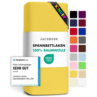 Jacobson Jersey Spannbettlaken Spannbetttuch Baumwolle Bettlaken (60x120-70x140 cm, Gelb)
