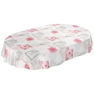 ANRO Tischdecke Wachstuchtischdecke Wachstuch Wachstischdecke pflegeleicht abwaschbar Rosen Landhaus Antik Grau Oval 240 x 140cm, Schnittkante, 140 x 240cm