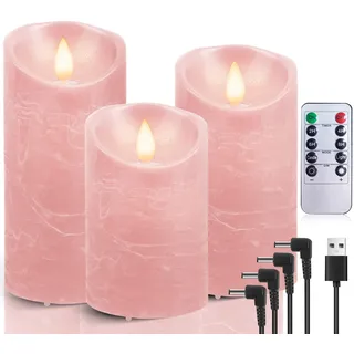 AiiBowy LED Kerzen Aufladbar Echtwachs 3er-Set mit timerfunktion, Flackernde Flamme, LED Kerzen Adventskranz, LED Stumpenkerzen Outdoor für Halloween Weihnachten Party Dekoration Rosa