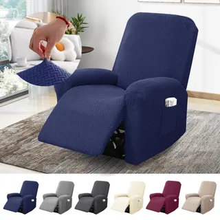 BOYIFEIJIE 1-Sitzer Sessel Überzug, Sesselbezuge Stretch mit Taschen, All-Inclusive Streifen-Jacquard Sesselschoner für Fernsehsessel Relaxsessel Sesselhusse (Blau, 4-Teilig)