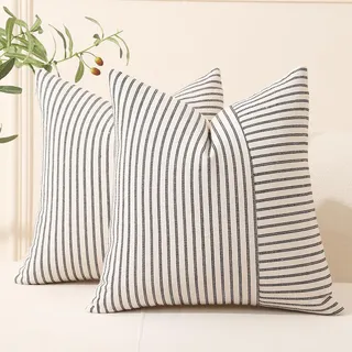Hckot Patchwork-Kissenbezüge, Bauernhaus-Design, gestreift, Leinen, dekorativ, für Sofa, Couch, Stuhl, Schlafzimmer, Moderne Dekoration, 61 x 61 cm, Schwarz und Beige, 2 Stück