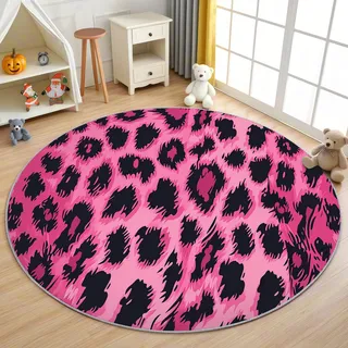 AevuCub Leopard Teppich Rund 60 cm Kurzflor - Waschbare Teppiche Wohnzimmer Hot Pink Leopardenmuster - Runder Teppich 60 cm Durchmesser Kinderzimmer - Bettvorleger Schlafzimmer rutschfest Weich