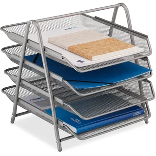 Relaxdays Dokumentenablage, Papierablage für A4 Formate, 4 Fächer, 32,5 x 30 x 35 cm, Mesh-Design, Büro-Ablage, Silber