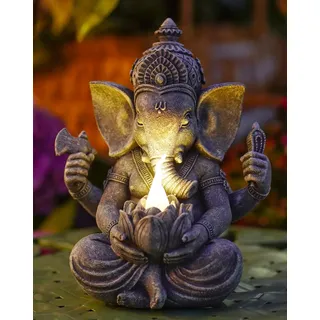 Yeomoo Ganesha Figur Buddha mit Solarlampen für Deko Wohnzimmer Schreibtisch Zubehör : Ganesha Zen Garten Buddha Figur Geschenke für männer Frauen Mama Wetterfest Zimmer Balkon Dekoration Grau 20CM