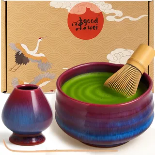 Goodwei Matcha Set komplett mit Matchabesen, Matcha Löffel und Matcha Schale aus Keramik mit Besenhalter im passenden Design | Kunstvoll gefertigte Zeremonieschale Chawan (Seiun, 80)