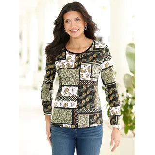 Langarmshirt CLASSIC BASICS "Langarm-Shirt", Damen, Gr. 42, grün (schilf, schwarz, bedruckt), 100% Baumwolle, bedruckt, gemustert, mehrfarbig, Rundhals, Shirts Langarmshirt