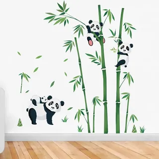 Runtoo Wandtattoo Panda Bambus Grün Wandsticker Pandabär Waldtiere Wandaufkleber Kinderzimmer Babyzimmer Mädchen Junge Wanddeko
