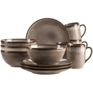 Mäser Serie Smokys Geschirr-Set für 4 Personen, 12 teiliges Frühstückset im Scandi Look, Steinzeug, braun