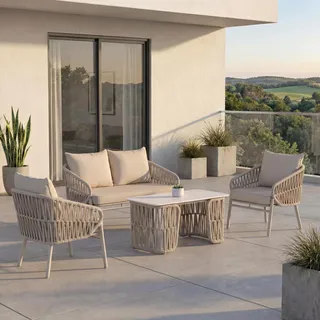 Gartengarnitur HWC-P90, Lounge-Set Gartenlounge Sofa Sessel Tisch, Seilgeflecht Rope Stoff/Textil (180g/m2) creme - Beige