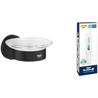 GROHE Start - Seifenschale- Set (Material: Glas/Metall, inkl. QuickGlue A1: Klebeset für einen Klebepunkt, verdeckte Befestigung), matt schwarz, 411932430