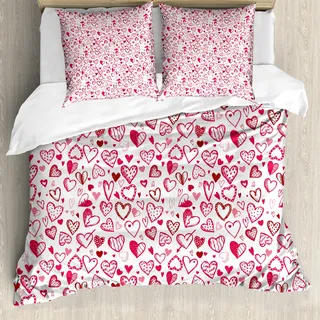 ABAKUHAUS Valentines Bettbezug, Sketch Stil Herzen, Milbensicher Allergiker geeignet mit Kissenbezügen, 200 cm x 200 cm - 80 x 80 cm, Ruby Pink White